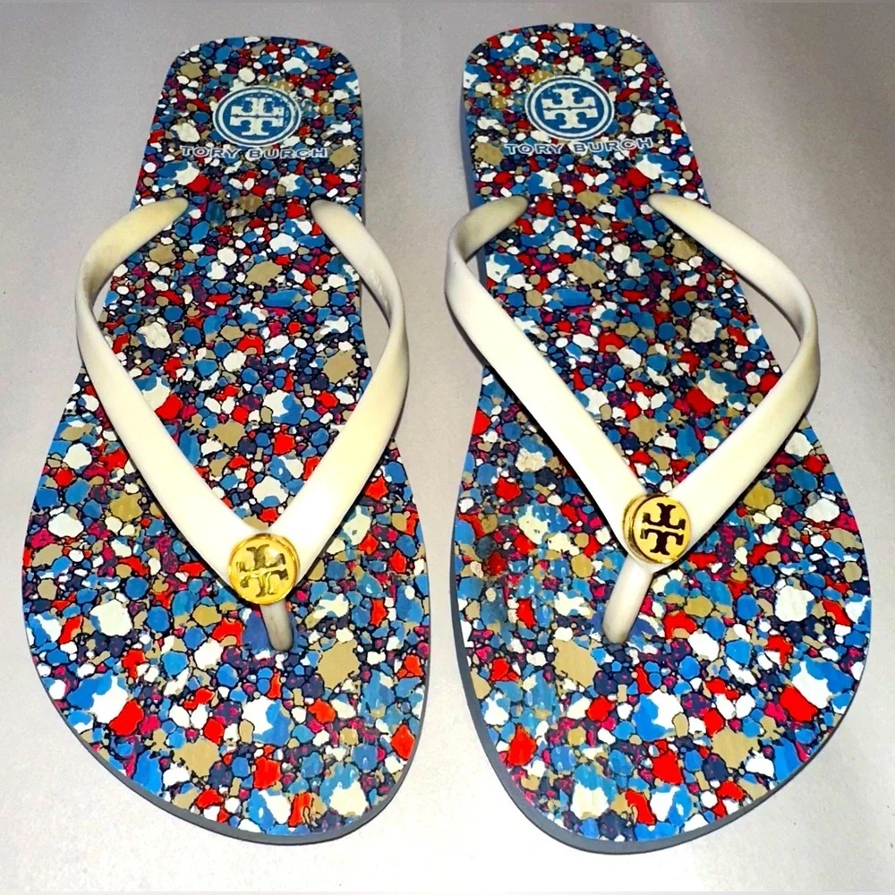 Tory Burch Festival Linosa Logo Thongs Sandals Leather Upper Blue Shoes 8